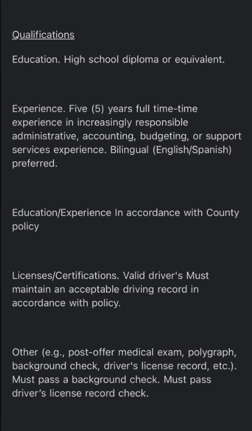 Job posting detailing qualifications, experience, education, licenses, and additional requirements for a position