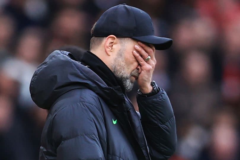 Liverpool manager Jurgen Klopp reacts during the Premier League match against Manchester United at Old Trafford on April 7 2024