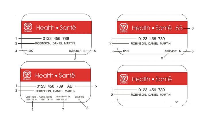 Diagrams of different styles of red-and-white Ontario Health Cards taken from the Ontario Ministry of Health and Long Term Care website. (Image from the Ontario Ministry of Health and Long Term Care)