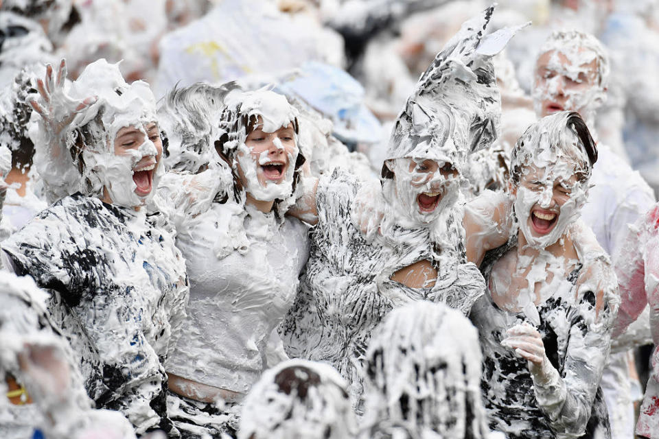 <p>Students from St Andrew’s University indulge in a tradition of covering themselves with foam to honour their ‘academic family’. (Jeff J Mitchell/Getty Images)</p>