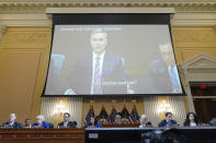 FILE - A video of Pat Cipollone, former White House counsel, is displayed as the House select committee investigating the Jan. 6 attack on the U.S. Capitol holds a hearing at the Capitol in Washington, July 12, 2022. The Jan. 6 congressional hearings have paused, at least for now, and Washington is taking stock of what was learned about the actions of Donald Trump and associates surrounding the Capitol attack. (AP Photo/Jacquelyn Martin, File)