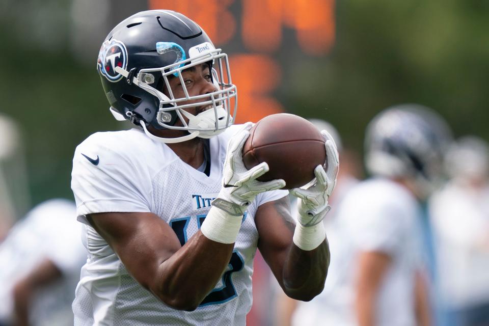 Tennessee Titans wide receiver Treylon Burks (16) pulls in a catch during a training camp practice at Ascension Saint Thomas Sports Park Monday, Aug. 1, 2022, in Nashville, Tenn. 