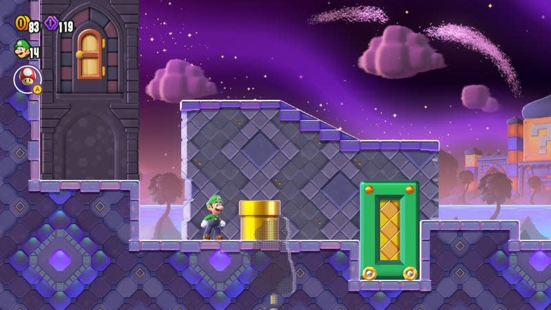 Luigi stands next to a golden pipe.