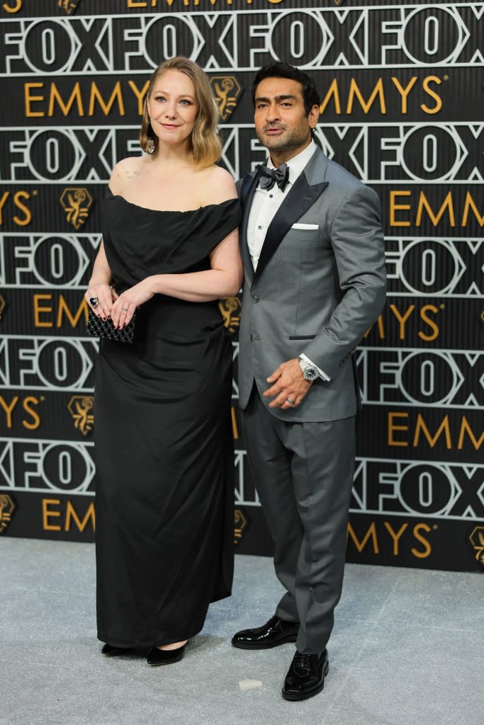 (L-R) Emily V. Gordon and Kumail Nanjiani attend the 75th Primetime Emmy Awards at Peacock Theater on January 15, 2024 in Los Angeles, California.