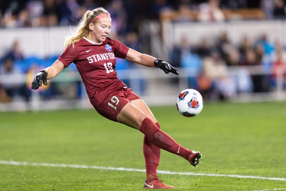 Stanford Cardinal goalkeeper Katie Meyer (19) takes a goal kick against the North Carolina Tar Heels in the second half of the College Cup championship match in 2019 at Avaya Stadium.