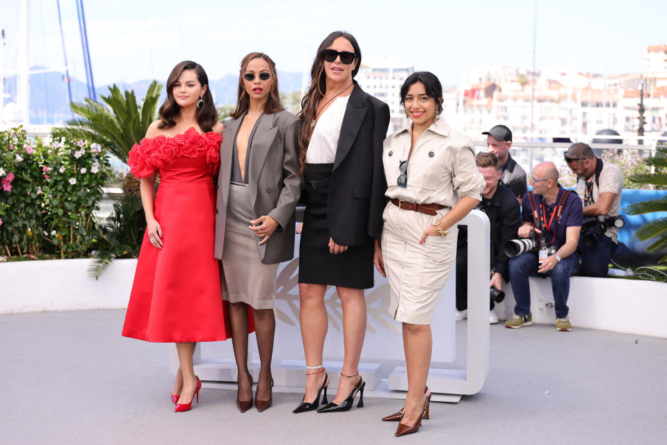 CANNES, FRANCE - MAY 19: (L-R) Selena Gomez, Zoe Saldana, Karla Sofía Gascón and Adriana Paz attend the 