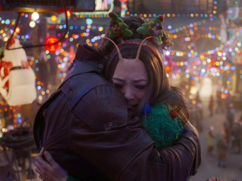 Peter Quill/Star-Lord and Mantis hugging in "The Guardians of the Galaxy Holiday Special."