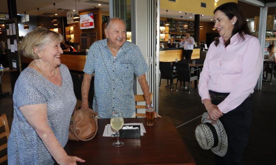Queensland Premier Annastacia Palaszczuk speaks to residents during a visit to the Pacific Pines Tavern during her campaign trail 29 October 2020.