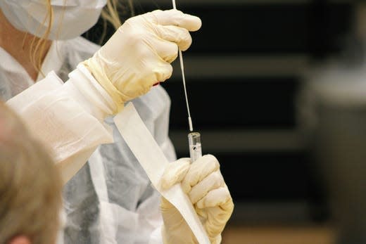 Coronavirus testing began at Shasta College Redding, California on Thursday, April 30, 2020. One of the site's workers, Mckenna Adams, provided a test demonstration for reporters.