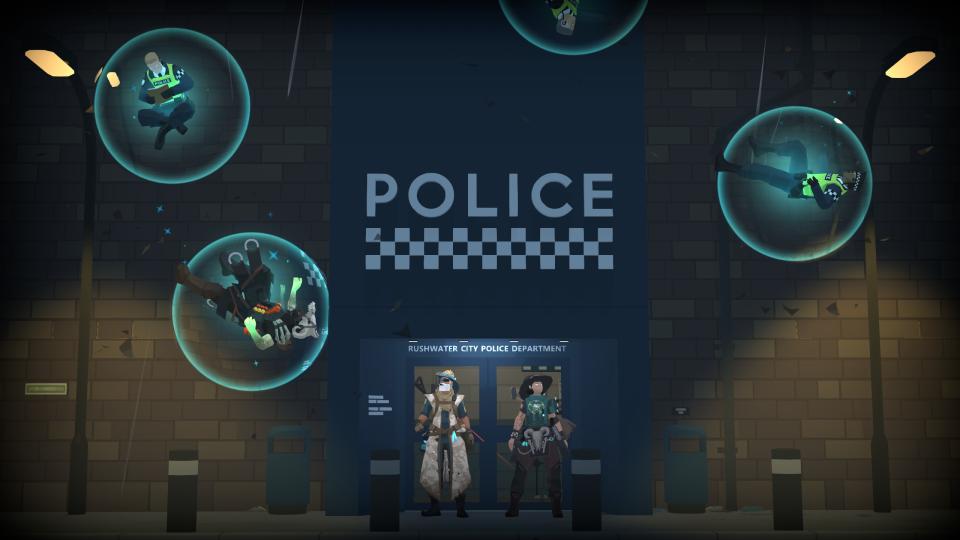 Two operatives in Tactical Breach Wizards stand outside, with several cops floating in slow fall bubbles.