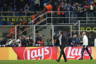 Inter Milan's head coach Simone Inzaghi, centre right, celebrates after Inter Milan's Lautaro Martinez scored his side's opening goal during the Champions League semifinal second leg soccer match between Inter Milan and AC Milan at the San Siro stadium in Milan, Italy, Tuesday, May 16, 2023. (AP Photo/Antonio Calanni)
