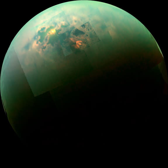 The Cassini spacecraft captured reflections from the liquid lakes on Saturn's largest moon, Titan. Scientists are investigating how powerful rogue winds shape the somewhat Earth-like landscape on Titan.