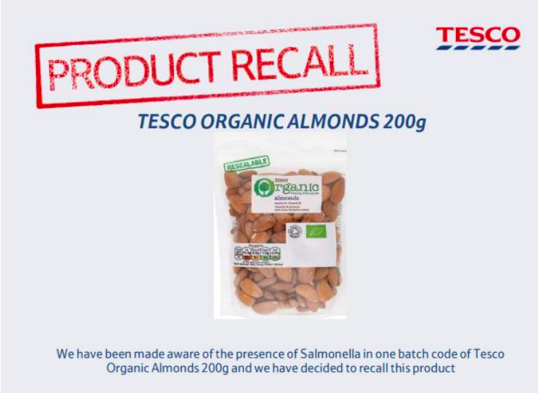 Organic almonds have been recalled after salmonella was found in one batch (FSA)