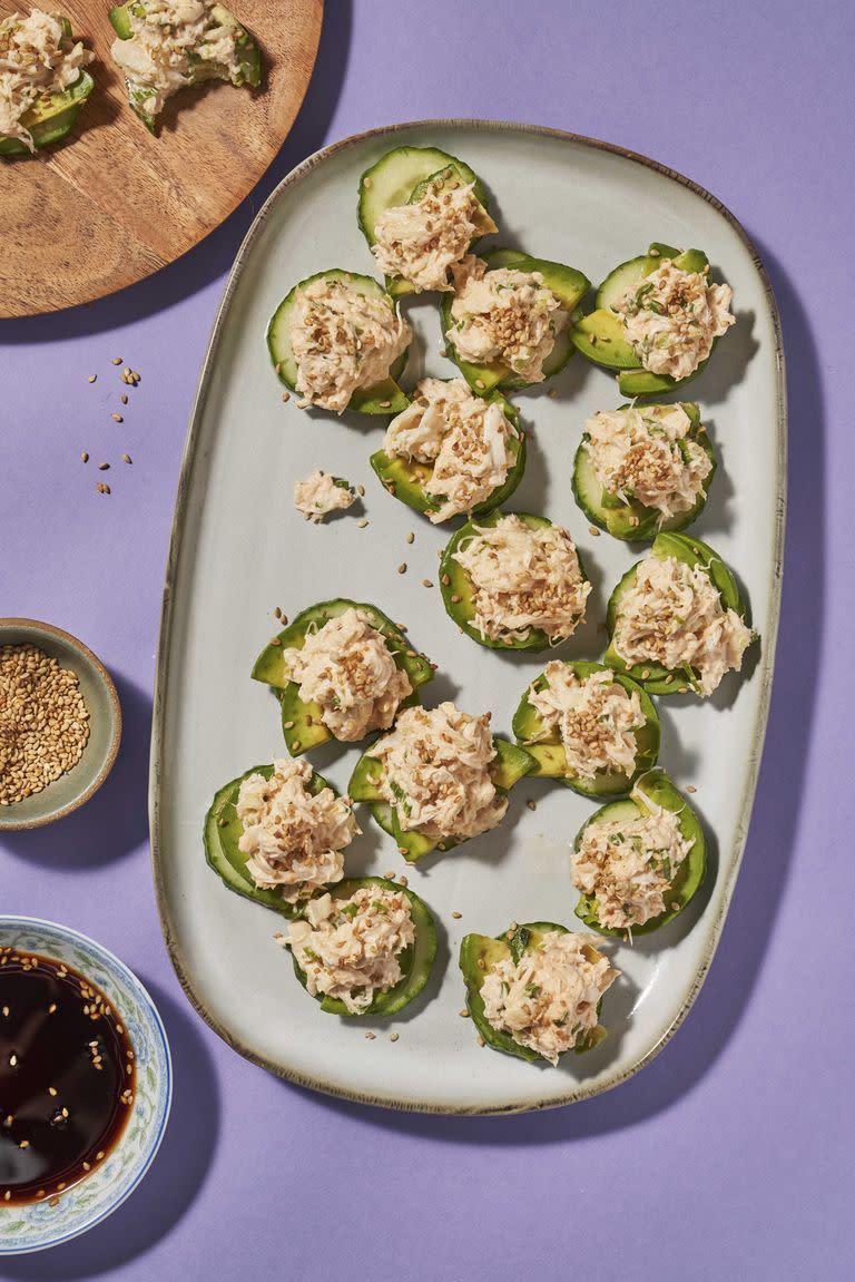 <p>This crunchy cucumber snack is inspired by popular <a href="https://www.delish.com/cooking/recipe-ideas/a30502281/california-roll-sushi-recipe/" rel="nofollow noopener" target="_blank" data-ylk="slk:California roll sushi;elm:context_link;itc:0;sec:content-canvas" class="link ">California roll sushi</a>, without any of that pesky rolling. Got a seasoning blend in your cabinet that doesn't get enough play (furikake or <a href="https://www.delish.com/cooking/a36622721/everything-bagel-seasoning/" rel="nofollow noopener" target="_blank" data-ylk="slk:everything bagel seasoning;elm:context_link;itc:0;sec:content-canvas" class="link ">everything bagel seasoning</a>, maybe?)? Yep, us too. These are the perfect venue for it, so go wild.</p><p>Get the <strong><a href="https://www.delish.com/cooking/recipe-ideas/recipes/a51750/california-sushi-bites-recipes/" rel="nofollow noopener" target="_blank" data-ylk="slk:California Sushi Bites recipe;elm:context_link;itc:0;sec:content-canvas" class="link ">California Sushi Bites recipe</a></strong>.</p>