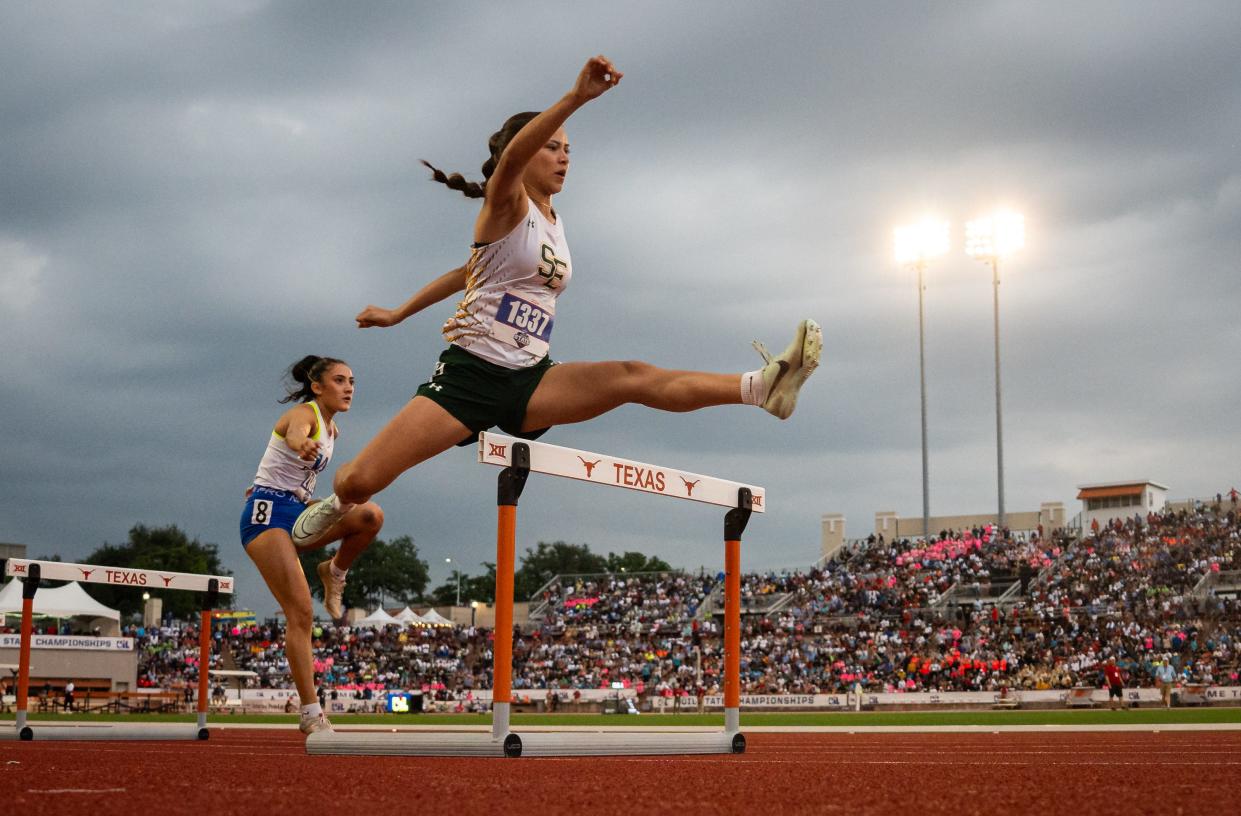 Springlake-Earth's Emma Samaron gets over the first hurdle while racing the 300-meter hurdles in the the 1A UIL State track and field meet, Saturday, May 4, 2024, at Mike A. Myers Stadium in Austin.