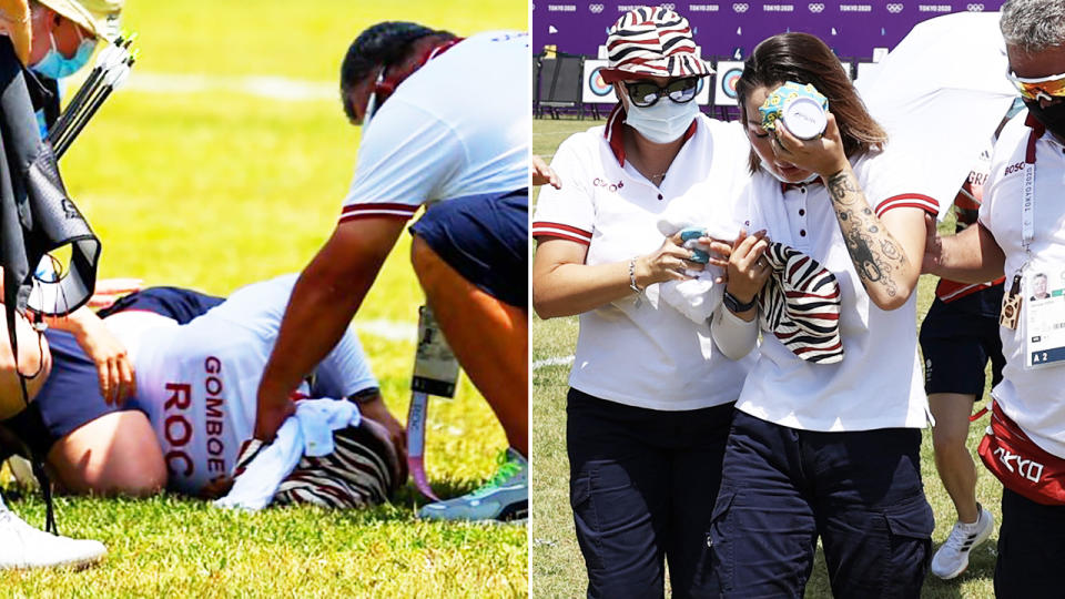 Svetlana Gomboeva, pictured here after collapsing at the Tokyo Olympics.