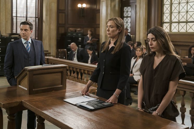 Raúl Esparza as A.D.A. Rafael Barba, Elizabeth Marvel as counselor Rita Calhoun, Natia Dune as Ana Kapic. (Photo: Michael Parmelee/NBC/NBCU Photo Bank via Getty Images)