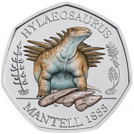 A commemorative 50 pence coin from the Royal Mint Dinosauria Collection which shows a Hylaeosaurus (The Royal Mint/PA Wire)