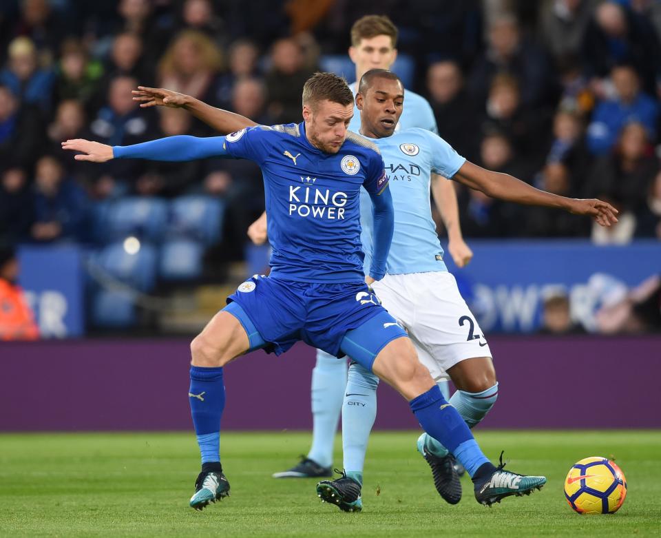 Leicester City’s Jamie Vardy (left) and Manchester City’s Fernandinho tussle in Saturday’s Premier League clash