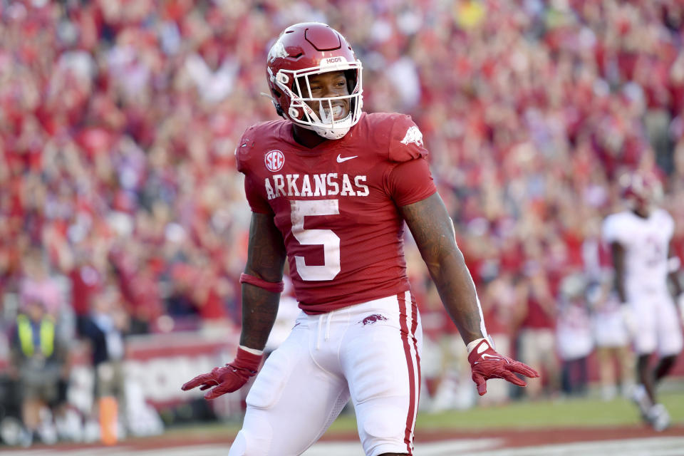 FILE - Arkansas running back Raheim Sanders (5) celebrates after a touchdown against Alabama during an NCAA college football game Saturday, Oct. 1, 2022, in Fayetteville, Ark. Sanders was selected the most surprising player in the Associated Press SEC Midseason Awards, Wednesday, Oct. 12, 2022. (AP Photo/Michael Woods, File)