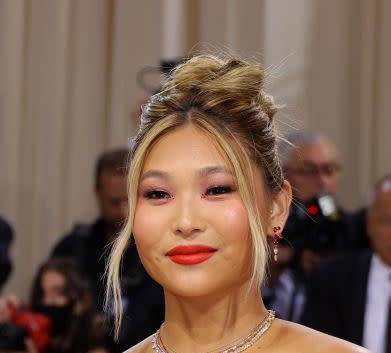 Chloe Kim wearing matching eye makeup and lipstick