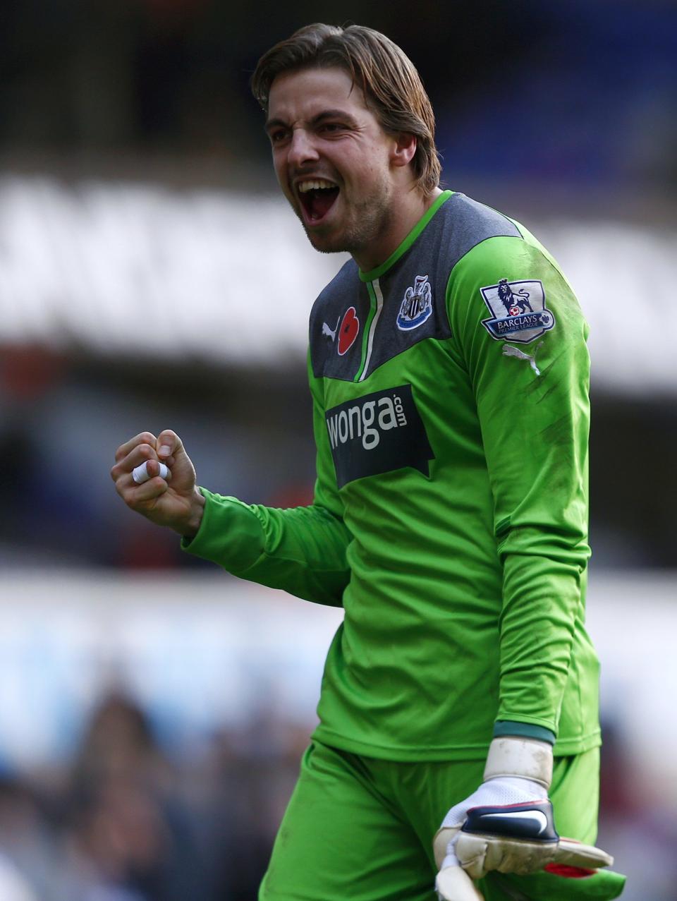 Newcastle United's goalkeeper Tim Krul celebrates after beating Tottenham Hotspur in their English Premier League soccer match at White Hart Lane in London, November 10, 2013.