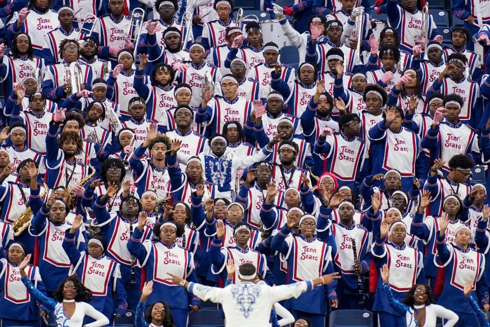 The TSU Aristocrat of Bands performs during the first quarter of the TSU homecoming game between Tennessee State and Norfolk State at Nissan Stadium in Nashville, Tenn., Saturday, Oct. 14, 2023.