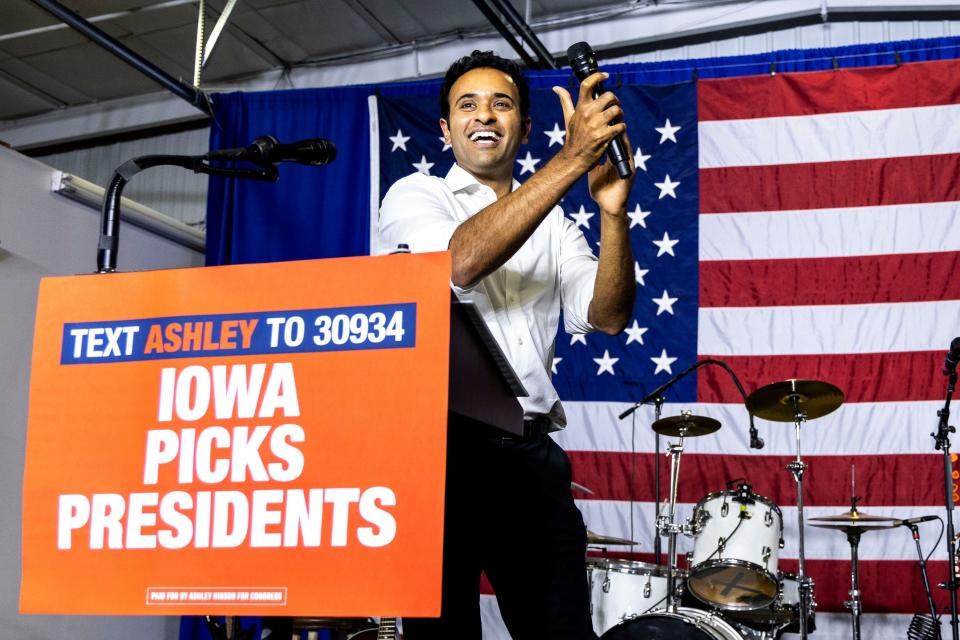 Republican presidential candidate Vivek Ramaswamy smiles while being introduced during the Ashley's BBQ Bash fundraiser, Sunday, Aug. 6, 2023, at Hawkeye Downs in Cedar Rapids, Iowa.