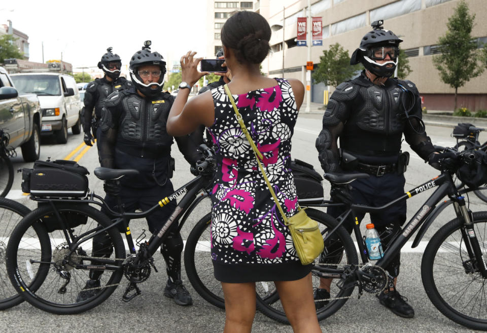 Demonstrators protest outside the RNC