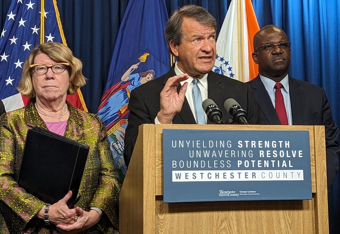 Westchester County Executive George Latimer delivered his county budget on Nov. 9, 2023, flanked by Operations Director Joan McDonald and Deputy County Executive Ken Jenkins. Latimer announced his run for the US Congress on Dec. 6.