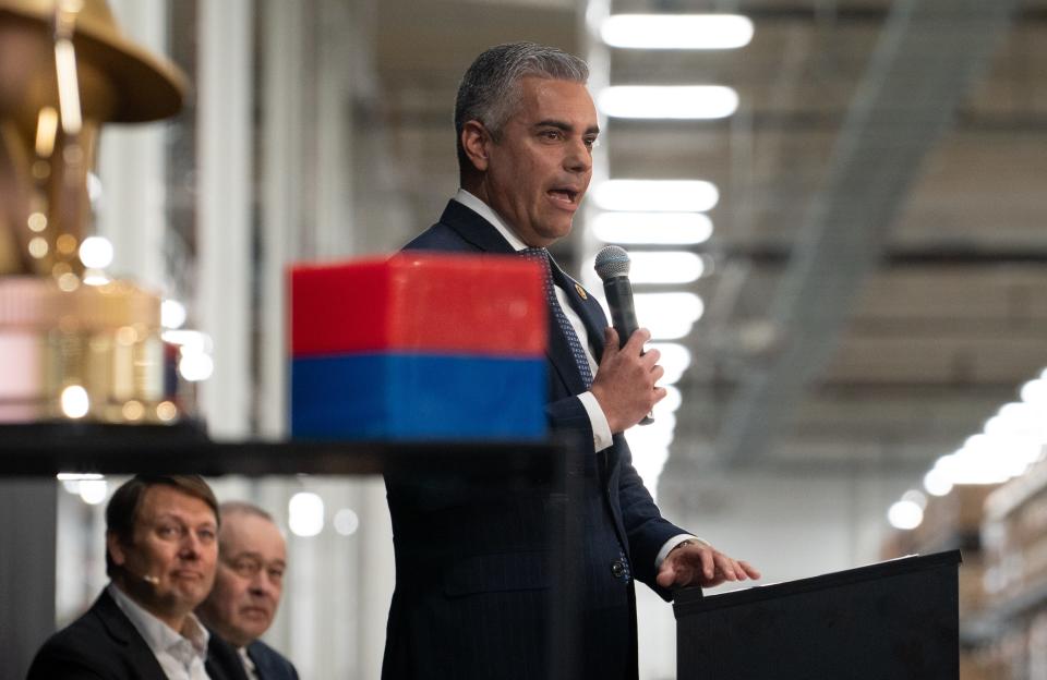 Rep. Juan Ciscomani speaks during the unveiling ceremony for the expansion of the Lucid Motors factory on Jan. 24, 2024, in Casa Grande, Arizona.