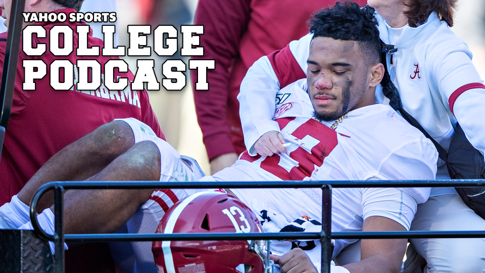 STARKVILLE, MS - NOVEMBER 9: Tua Tagovailoa #13 of the Alabama Crimson Tide is helped off the field after being injured on a play in the first half of a game against the Mississippi State Bulldogs at Davis Wade Stadium on November 16, 2019 in Starkville, Mississippi. (Photo by Wesley Hitt/Getty Images)