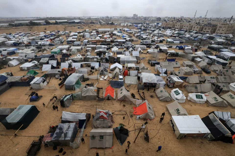 Tents and makeshift shelters at a camp for displaced Palestinians in Rafah, in the southern Gaza Strip on Dec. 13, 2023. (Mahmud Hams / AFP - Getty Images)