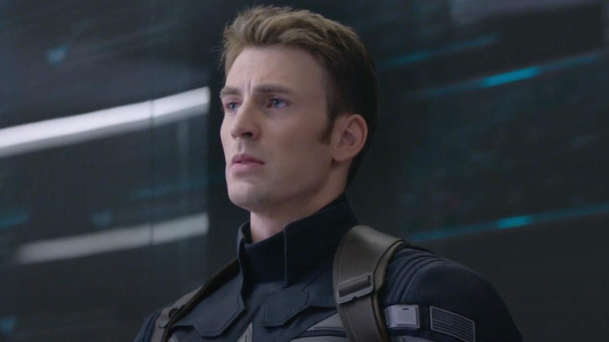  Chris Evans looking serious in Captain America: The Winter Soldier. 