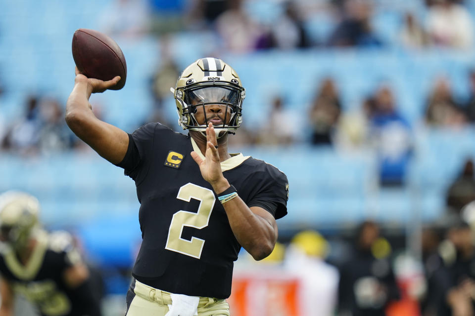 New Orleans Saints quarterback Jameis Winston (2) warms up before an NFL football game against the Carolina Panthers, Sunday, Sept. 25, 2022, in Charlotte, N.C. (AP Photo/Rusty Jones)