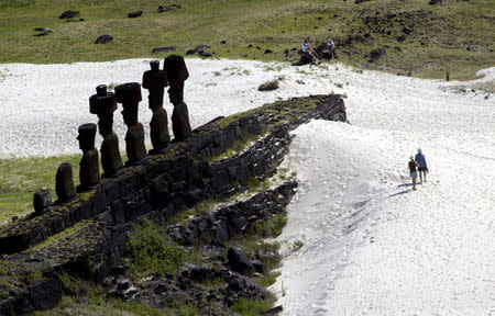 FILE PHOTO: tourists walk next to "Moai" statues in the Anakena beach on Easter Island, 4,000 km (2486 miles) west of Santiago, Oct. 29, 2003. Easter Island's mysterious "Moai", gigantic busts carved out of volcanic rock, are in danger of being destroyed by years of tropical rains and wind as well as careless humans and farms animals. Experts have called on the international community to commit funds to preserve the monoliths, whose mystery draws tourists to the world's most remote inhabited island. REUTERS/Carlos Barria