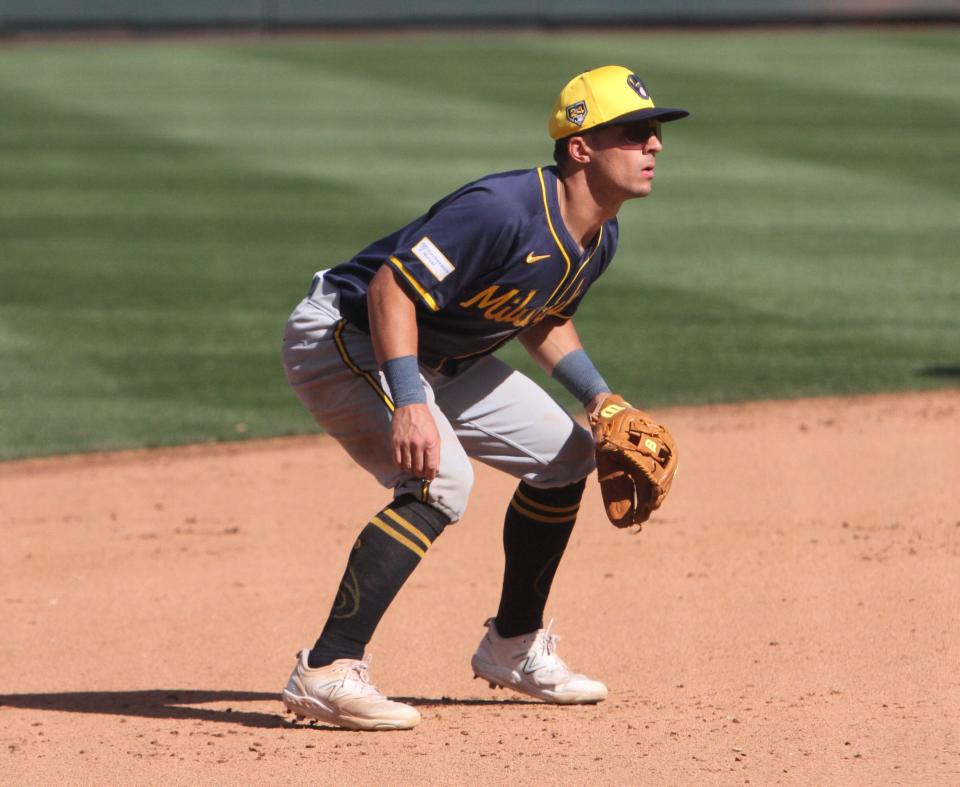 Brewers third baseman Sal Frelick readies himself for a pitch during a spring training game on March 10, 2024. Frelick has spent the 2024 spring training learning the position after never having played there before.