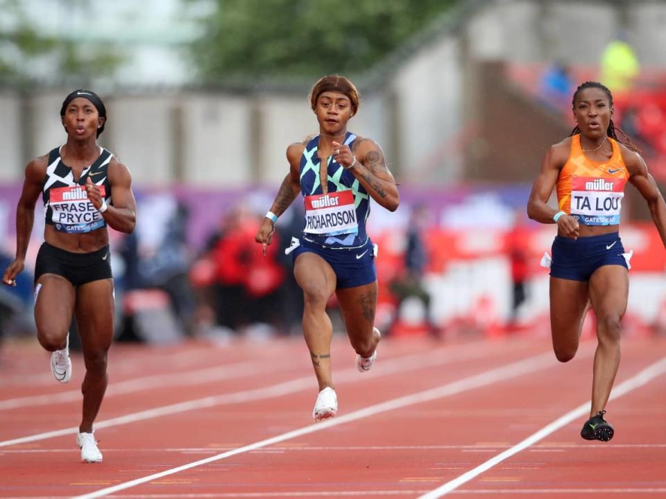 Jamaica's Shelly-Ann Fraser-Pryce, left, and Sha'Carri Richardson, right, of the United States are scheduled to race against one another as part of a loaded field at Friday's Diamond League stop in Brussels, Belgium. (Ian MacNicol/Getty Images - image credit)