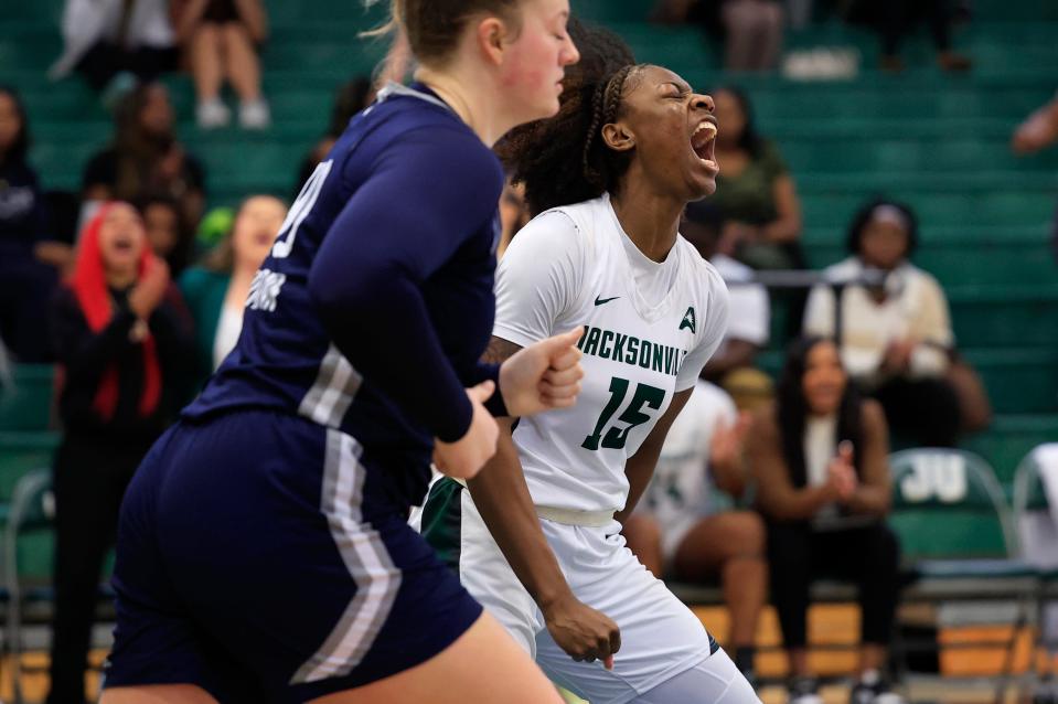 JU forward Saniyah Craig shouts after making a basket in the fourth quarter of the Dolphins' 73-60 victory over North Florida on Saturday.
