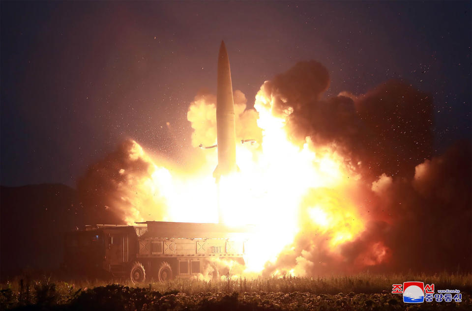 This Tuesday, Aug. 6, 2019, photo provided by the North Korean government shows what it says the launch of a new-type tactical guided missile at an airfield in the western area of North Korea. Independent journalists were not given access to cover the event depicted in this image distributed by the North Korean government. The content of this image is as provided and cannot be independently verified. Korean language watermark on image as provided by source reads: "KCNA" which is the abbreviation for Korean Central News Agency. (Korean Central News Agency/Korea News Service via AP)
