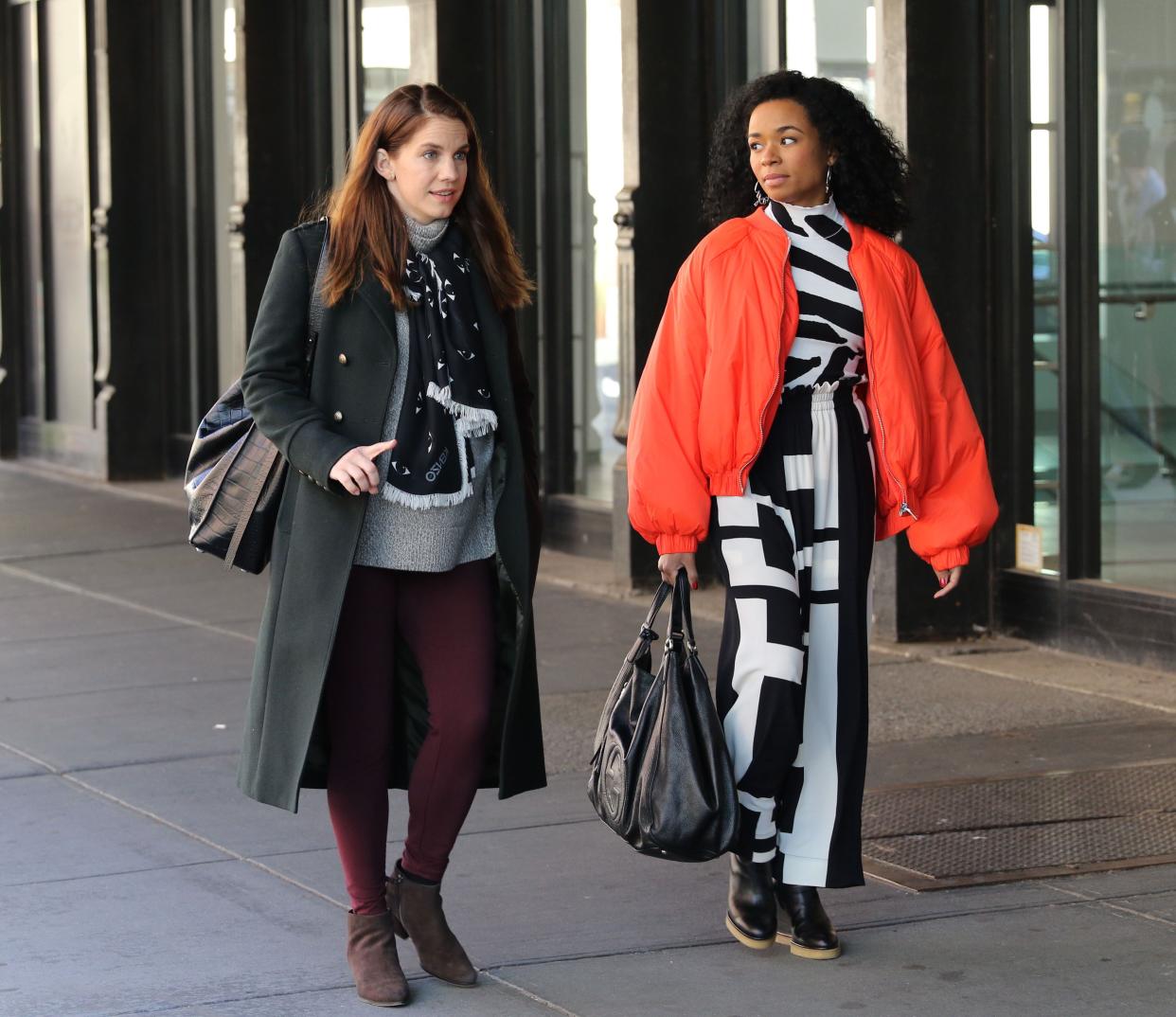 Anna Chlumsky and co-star Alexis Floyd are seen on the set of Netflix series "Inventing Anna" on Oct. 14, 2020, in New York City.
