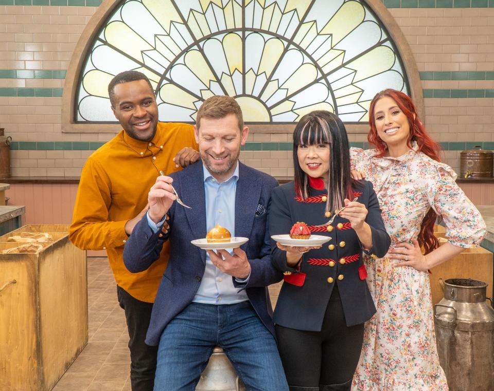 Liam Charles, Benoit Blin, Cherish Finden and Stacey Solomon are the new Bake Off team. (Channel 4)