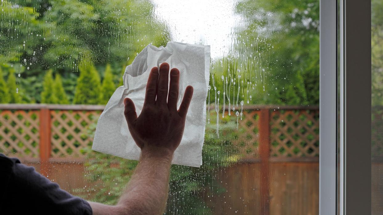 Having sprayed window cleaning fluid on the glass, a hand of a man is seen washing a sliding glass door from inside a home with a view of the green foliage backyard.