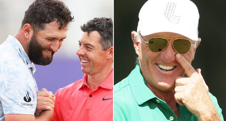 Pictured right is LIV Golf chief Greg Norman, with Jon Rahm and Rory McIlroy on left.