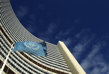 The flag of the International Atomic Energy Agency (IAEA) flies in front of its headquarters during a board of governors meeting in Vienna November 28, 2013. REUTERS/Heinz-Peter Bader