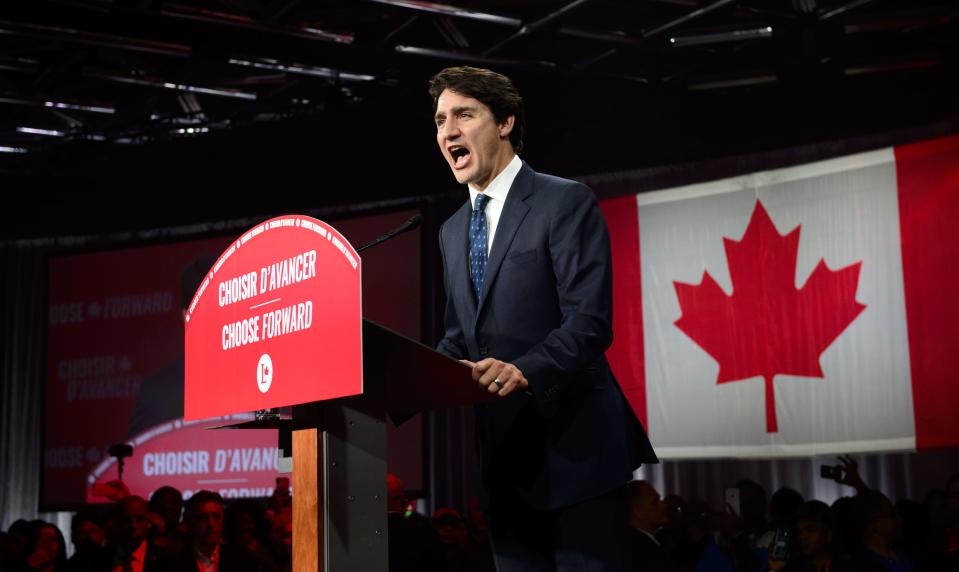 Justin Trudeau celebrates his win at Liberal HQ