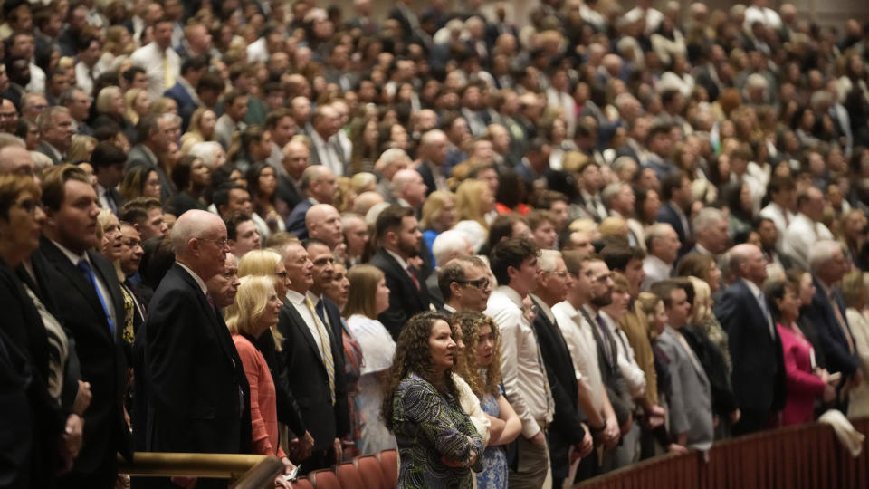 People attend the twice-annual conference of the Church of Jesus Christ of Latter-day Saints Sunday, April 7, 2024, in Salt Lake City. (AP Photo/Rick Bowmer)