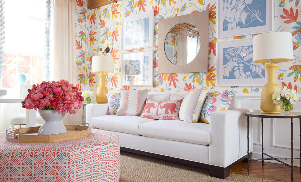 Matisse Leaf wallpaper in Coral and Yellow by Thibaut