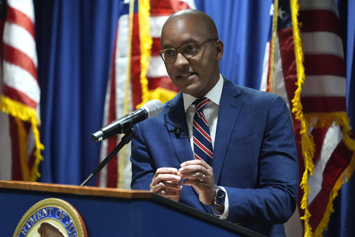 U.S. Attorney Damian Williams speaks about a drug trafficking case during a press conference at Federal Plaza in New York, Monday, Sept. 30, 2024. (AP Photo/Pamela Smith)