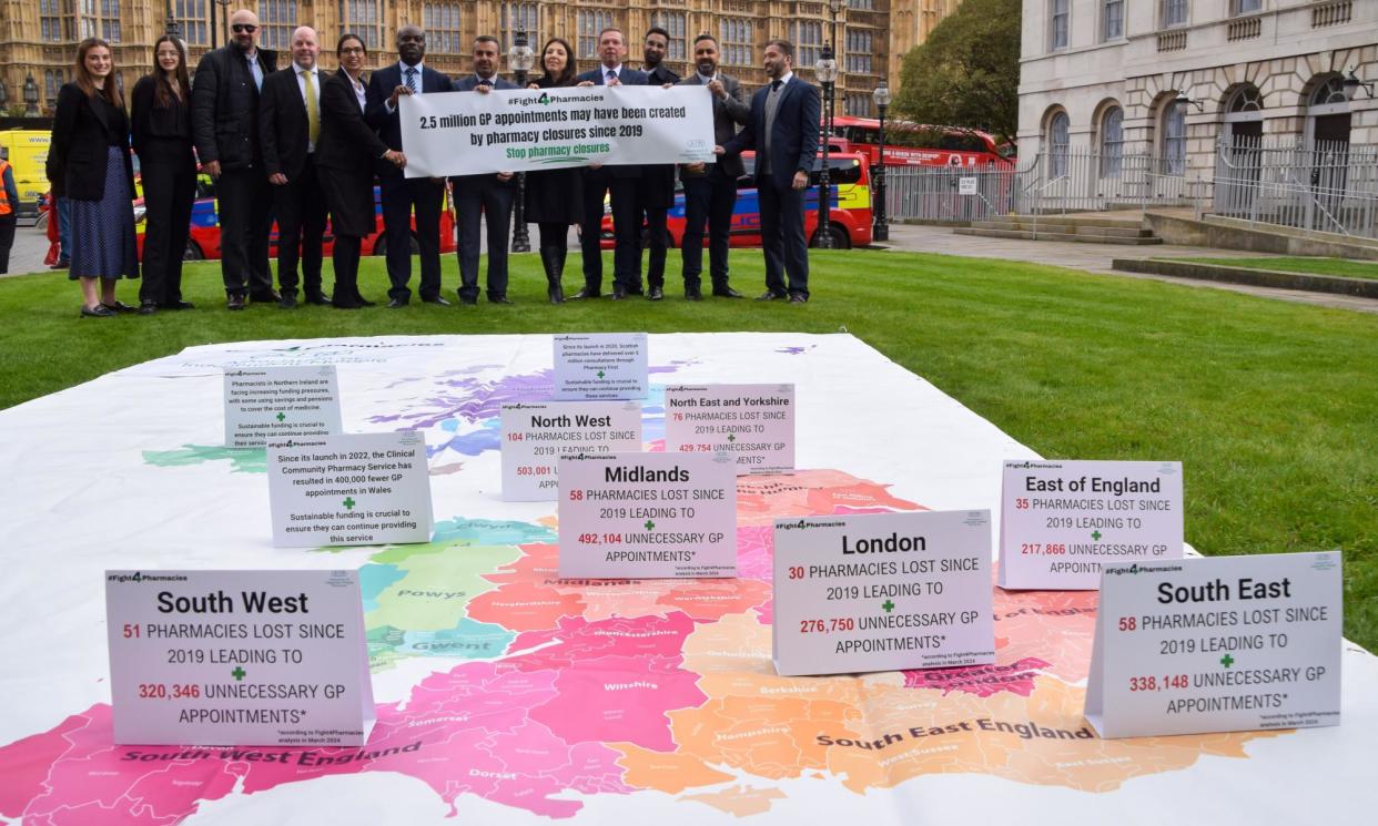 <span>Campaigners from the Association of Independent Multiple Pharmacies protest outside parliament in London. The figures call into doubt efforts to relieve pressure on overstretched English GP surgeries.</span><span>Photograph: Vuk Valcic/Zuma Press Wire/Rex/Shutterstock</span>